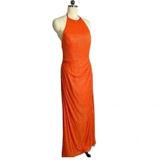 Mac Duggal Orange Sequin Formal Cocktail Halter Gown| Size 12 - Picture 6 of 12